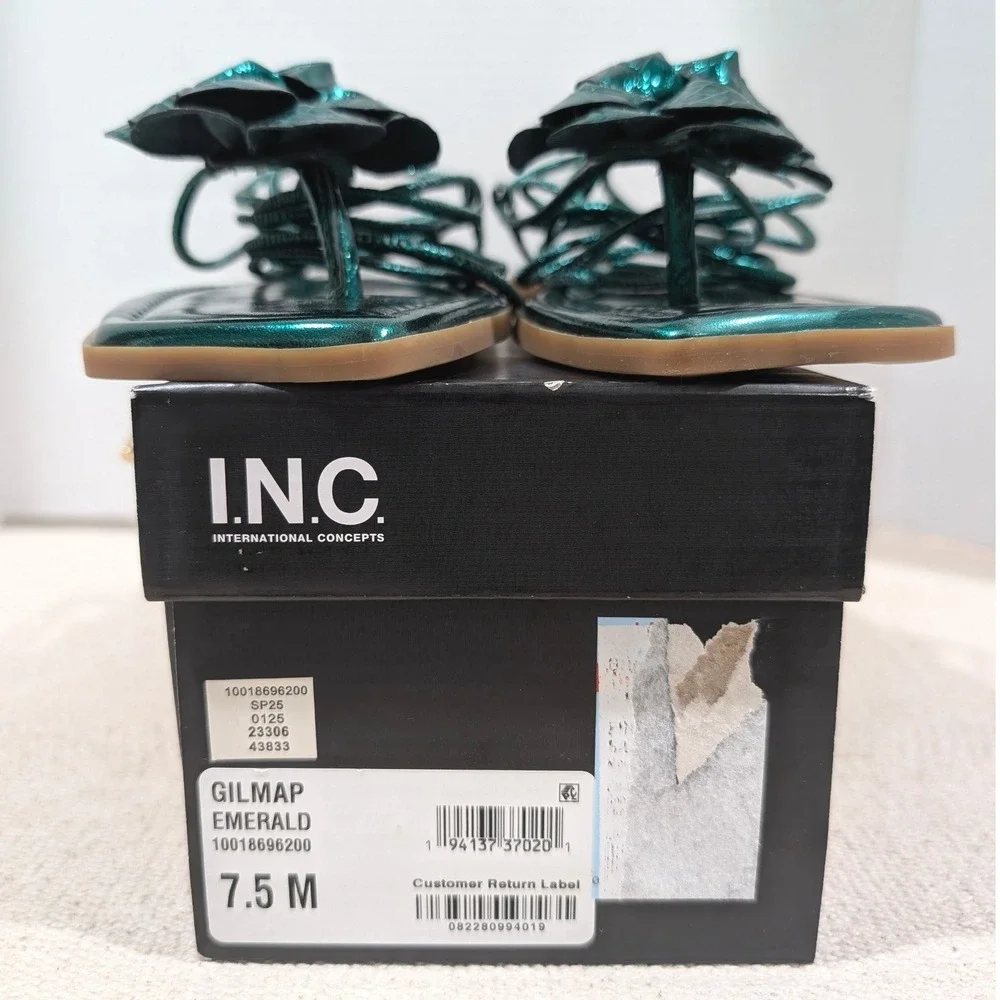 INC International Concepts Emerald Green Metallic Rosette Lace up Sandals 7.5M